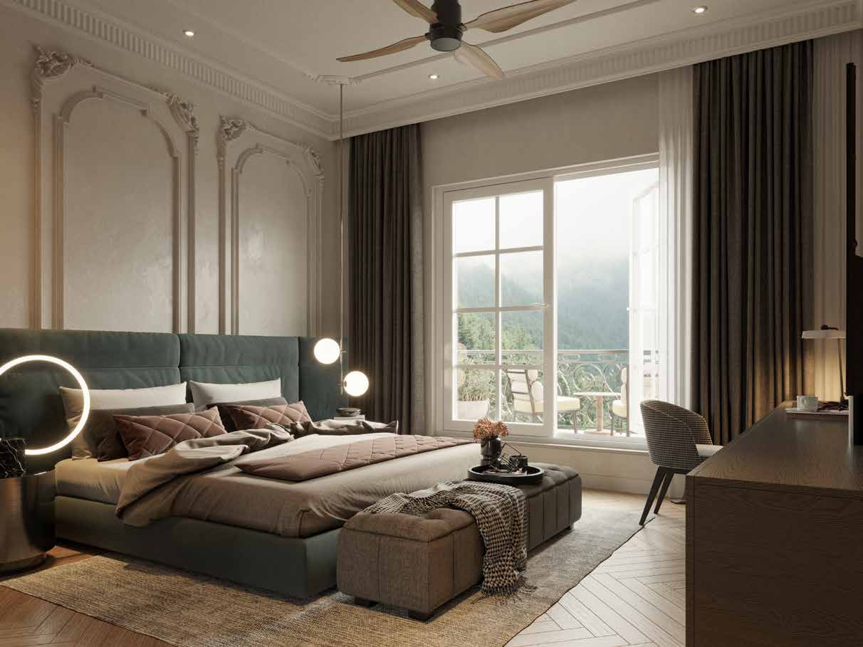 Interior visualisation of a bedroom with large windows overlooking hills