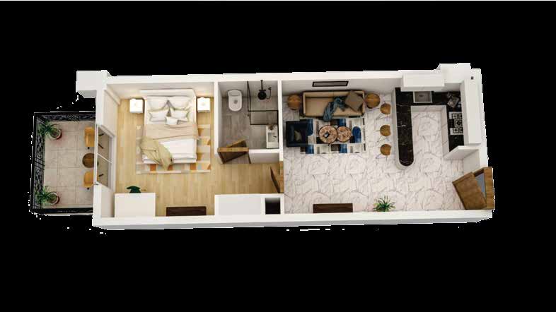 Brochure 3D layout labelled “1 Bed Apartment”