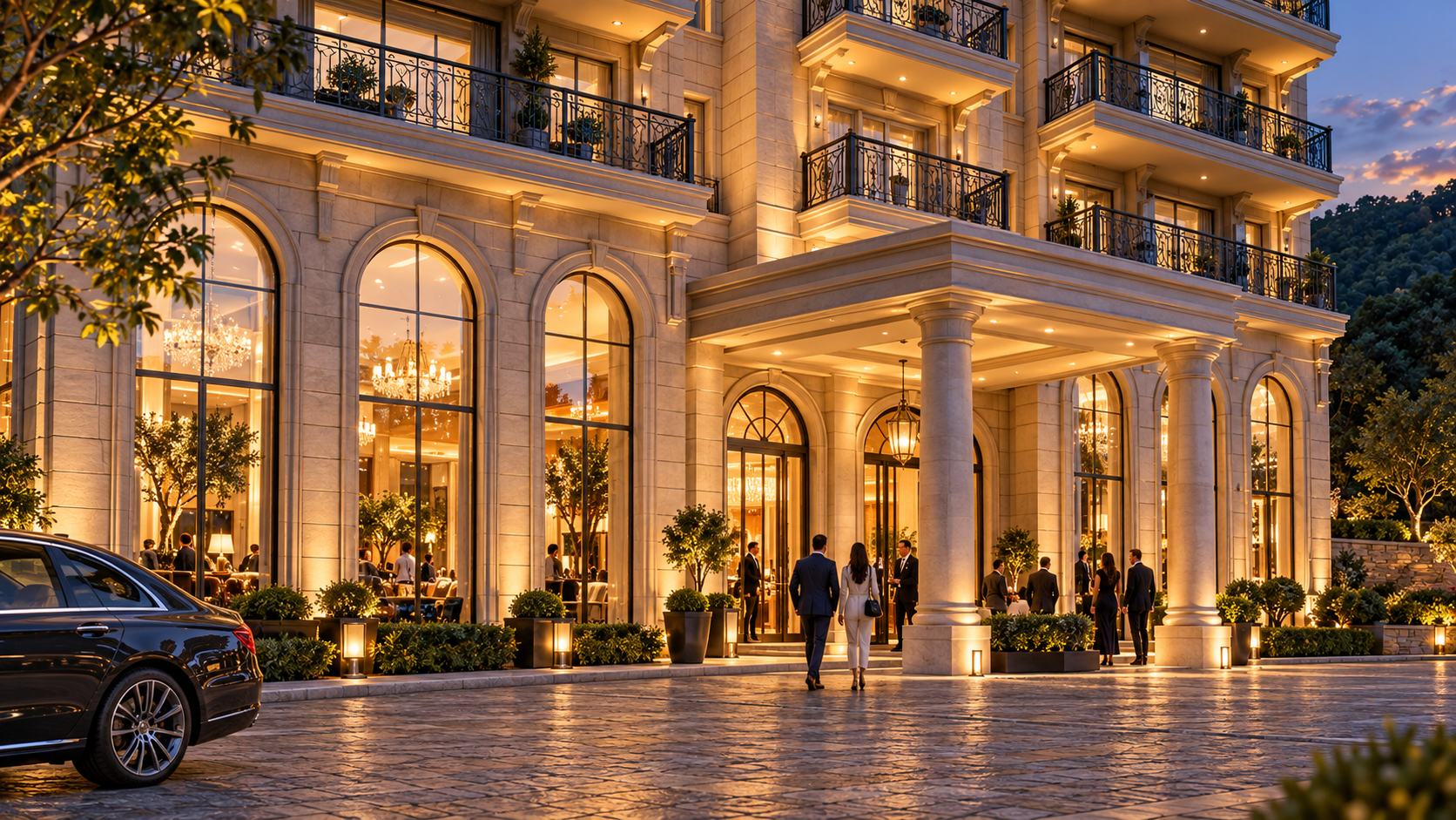 Evening architectural visualisation of Mount Royal's lit entrance colonnade