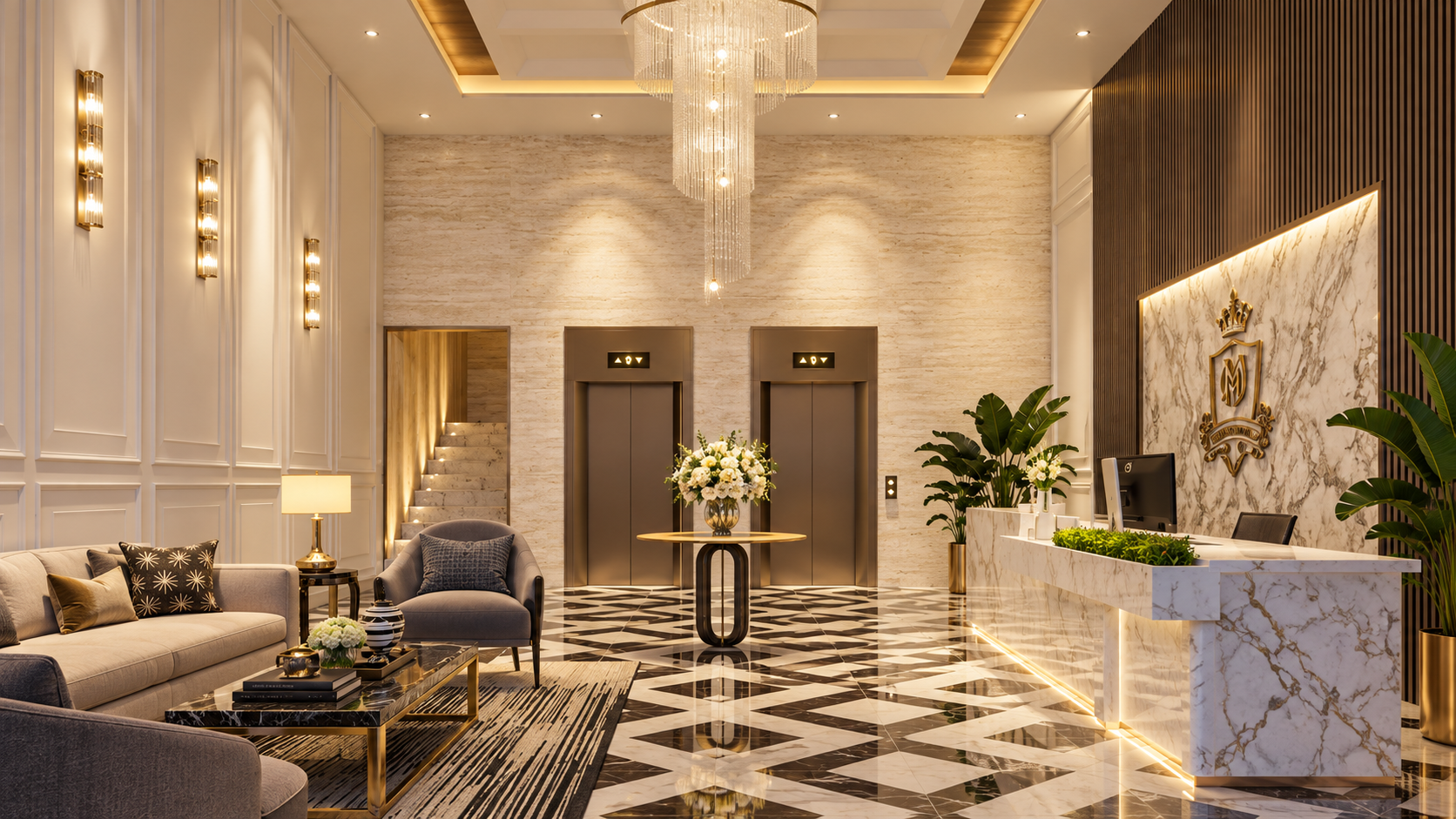 Interior visualisation of the reception lobby with a marble floor, chandelier and lifts