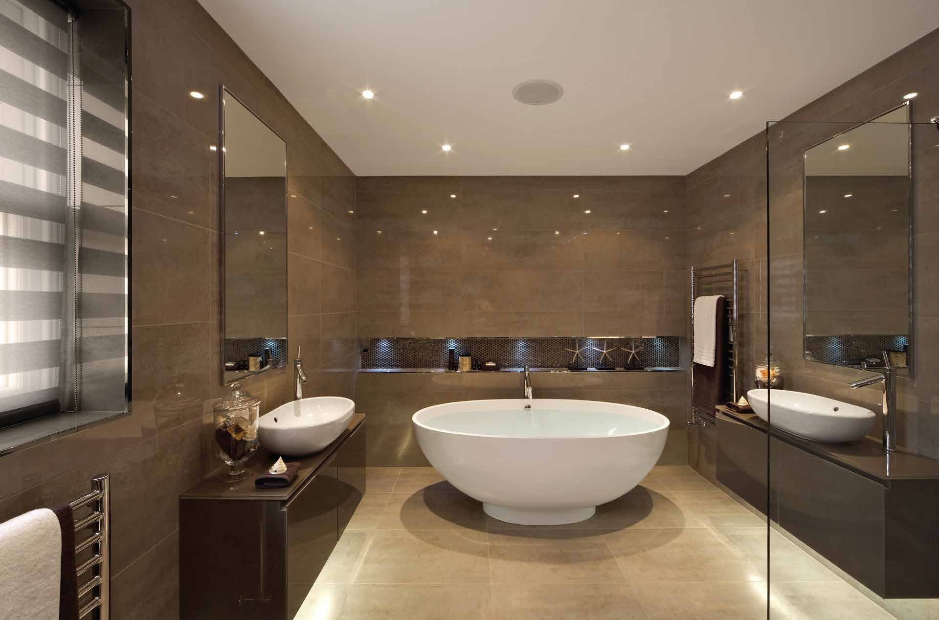 Interior visualisation of a bathroom with a freestanding bath and twin basins
