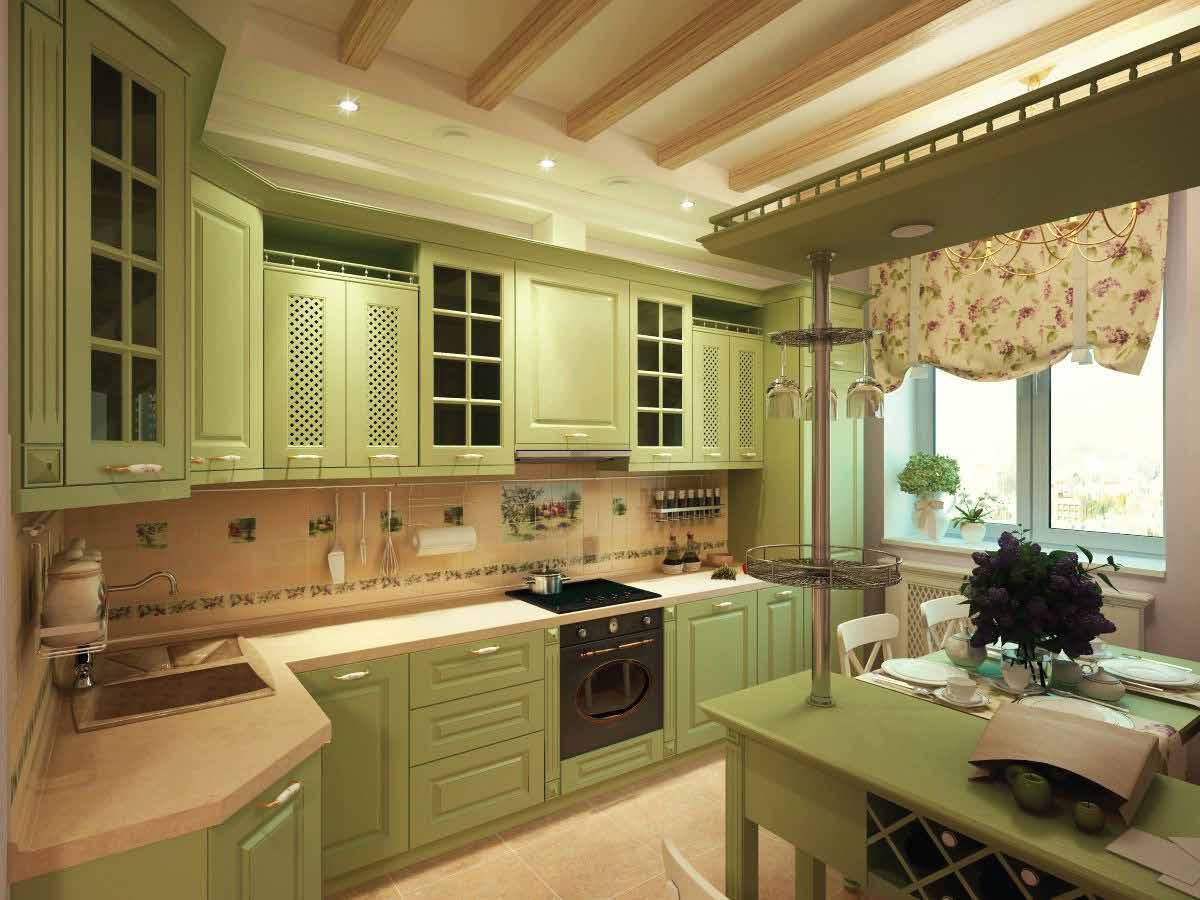 Interior visualisation of a kitchen with panelled cabinets and a built-in oven