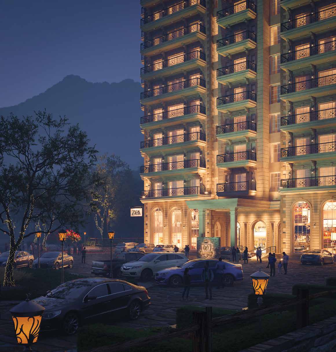Evening visualisation of Mount Royal's arched ground floor and forecourt parking