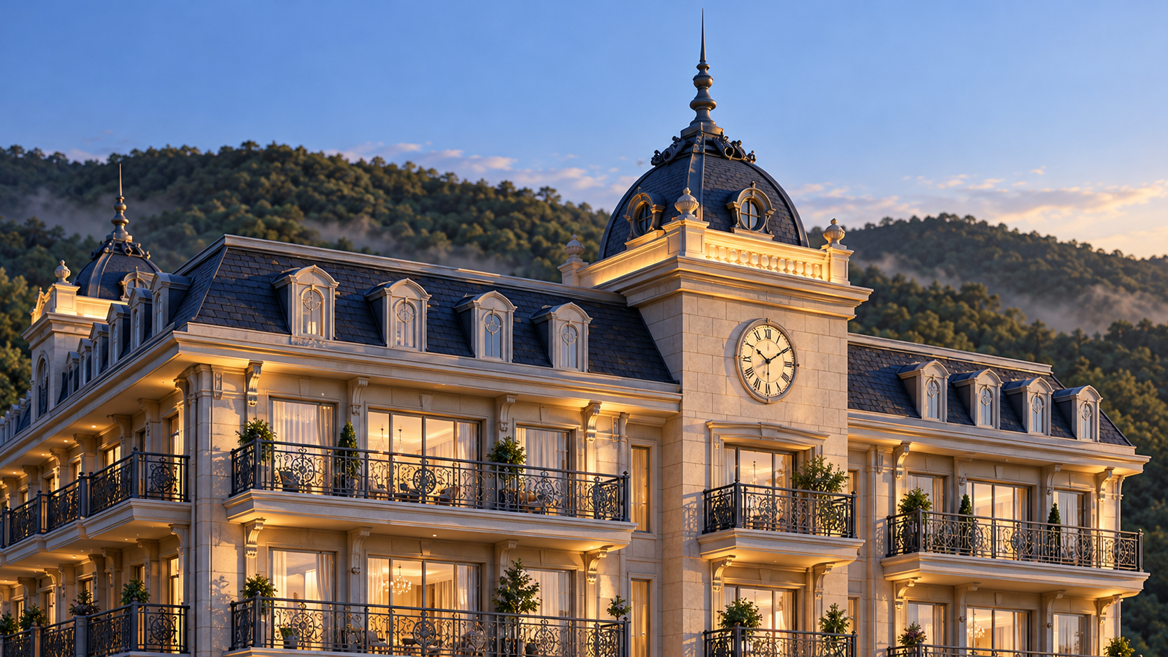 Dusk architectural visualisation of Mount Royal's clock tower and mansard roof against wooded hills