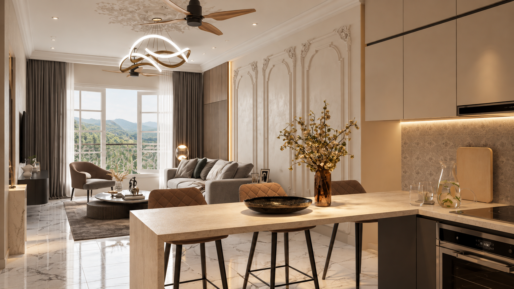 Interior visualisation of an open living room and kitchen with a hill view